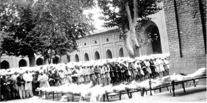 Funeral prayers being held for those killed during the 1931 riots in Srinagar. The Muslim majority of J&K had risen up against the rule of Maharaja Hari Singh. The protests were brutally squashed.